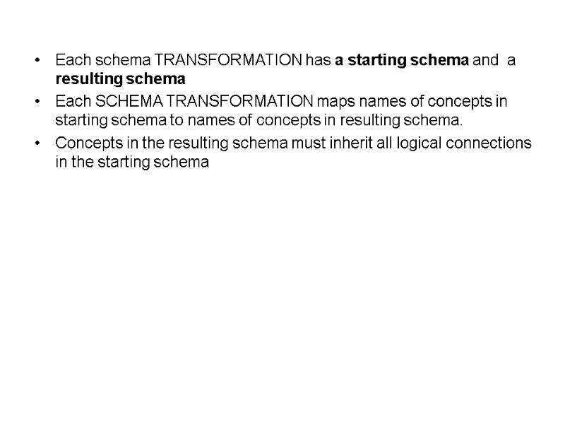 Each schema TRANSFORMATION has a starting schema and  a resulting schema Each SCHEMA